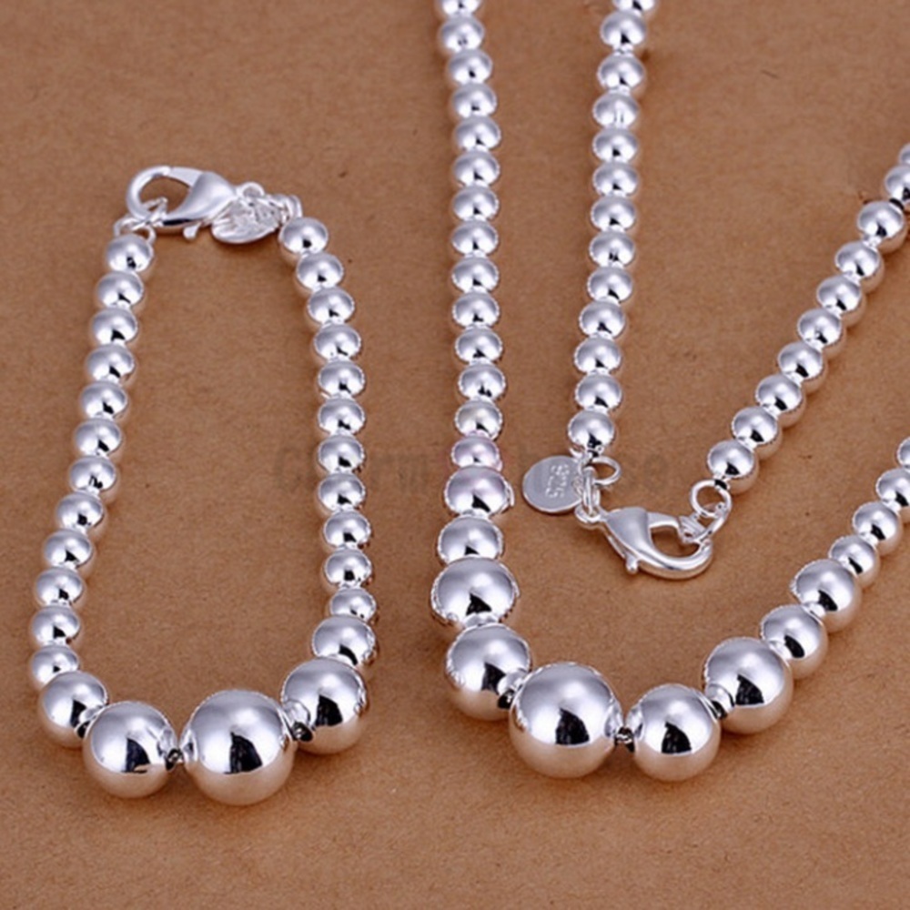 Sterling Silver Beaded Necklace Ball Matching Bracelet Set